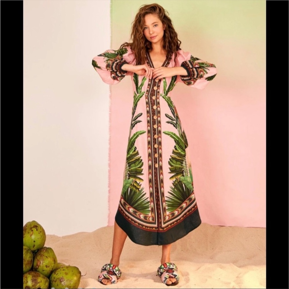NWT FARM Rio Amazonia Forest Dress tropical print leaves maxi caftan pink small